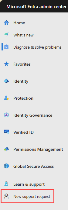 Captura de pantalla del botón nueva solicitud de soporte técnico en el menú de navegación izquierdo.