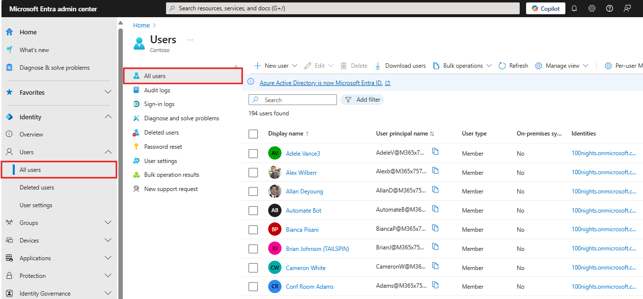 Captura de pantalla de la página Todos los usuarios en Microsoft Entra ID.