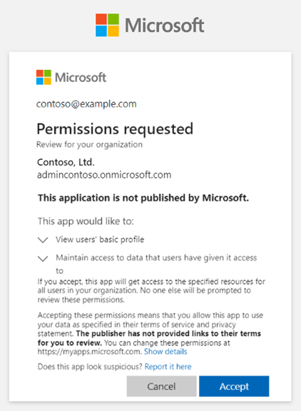 Captura de pantalla que muestra el cuadro Permisos de revisión de colaboración B2B con el mensaje .