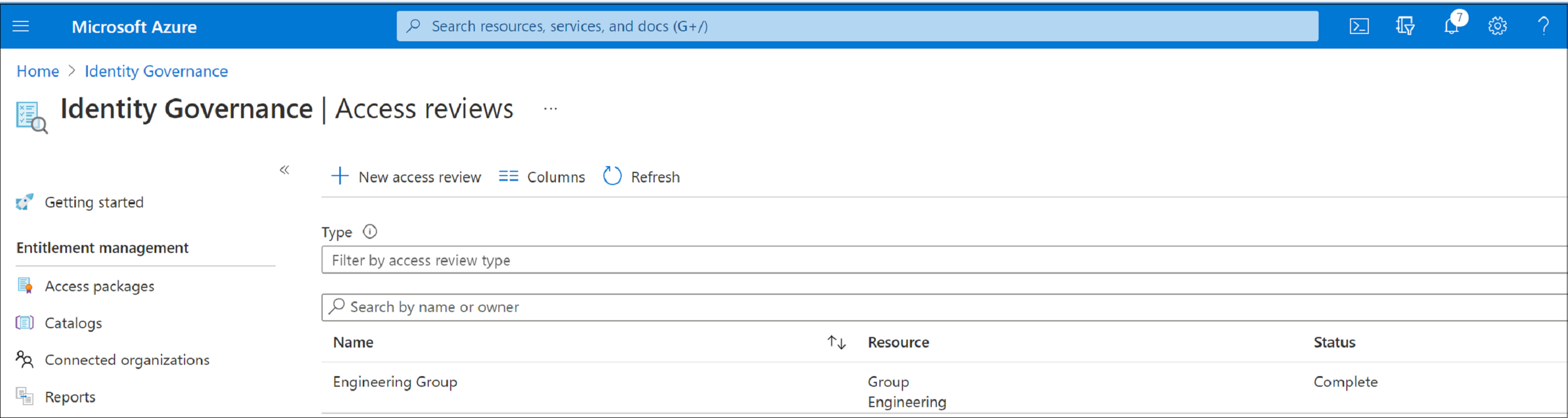 Captura de pantalla que muestra el panel Revisiones de acceso en Identity&nbsp;Governance.