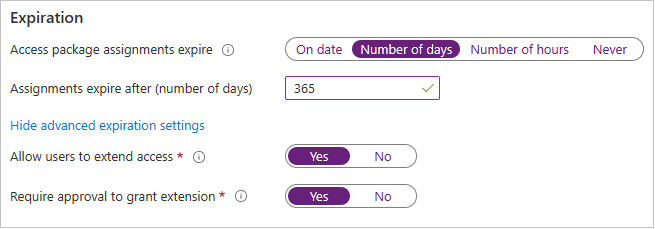 Paquete de acceso: configuración de expiración del ciclo de vida