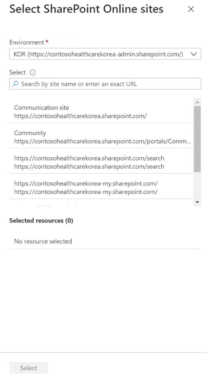Captura de pantalla que muestra el panel Seleccionar sitios de SharePoint en línea.