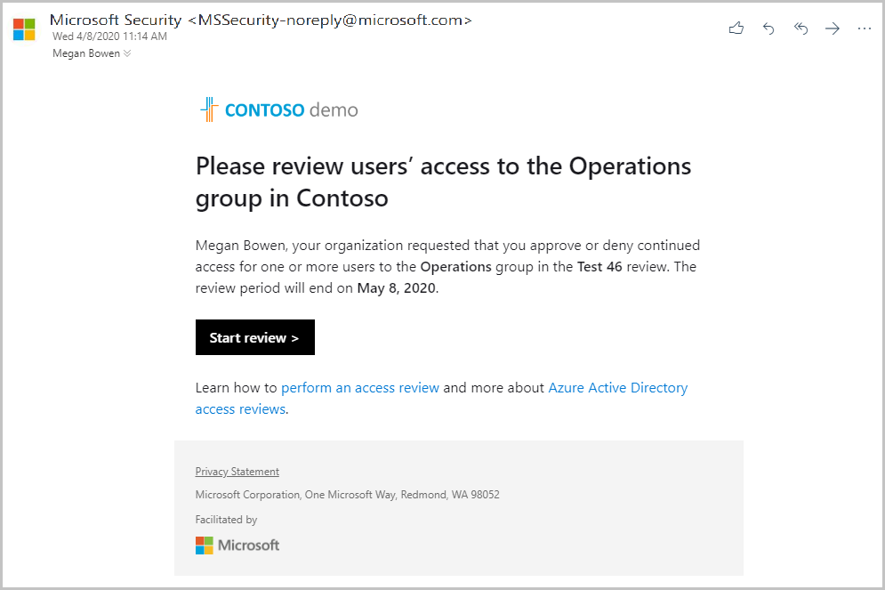 Captura de pantalla del correo electrónico de ejemplo de Microsoft para revisar el acceso a un grupo.