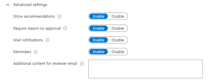 Configuración avanzada para mostrar recomendaciones, requerir motivo al aprobar, notificaciones de correo y capturas de pantalla de recordatorios.