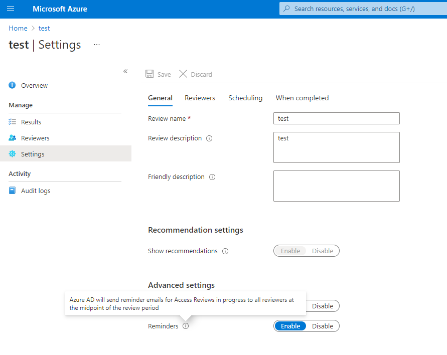 Captura de pantalla de la opción recordatorio en la configuración de revisiones de acceso.