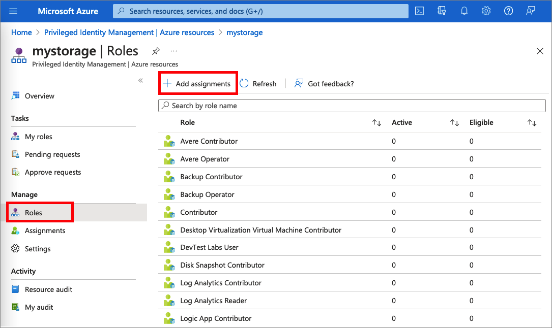 Captura de pantalla de los roles de recursos de Azure.