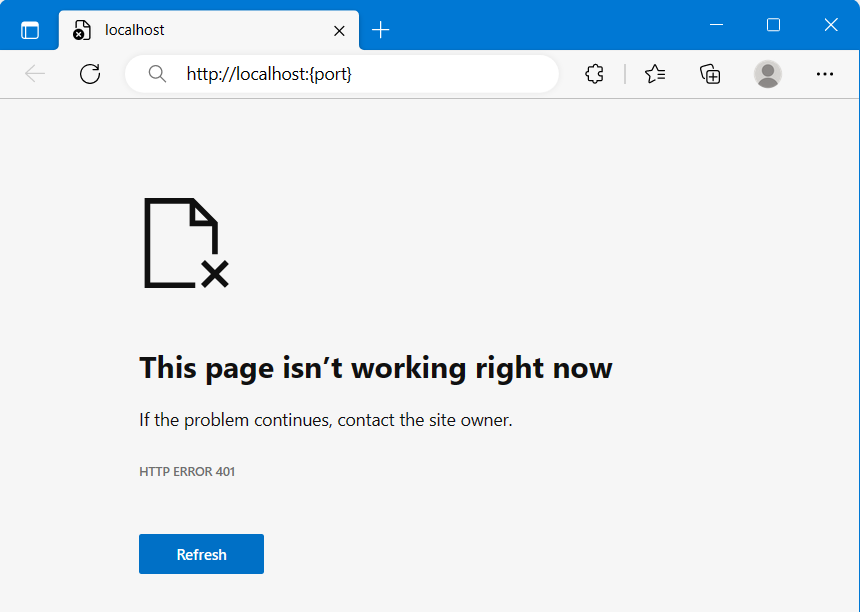 Captura de pantalla que muestra el error 401 cuando se inicia la página web.