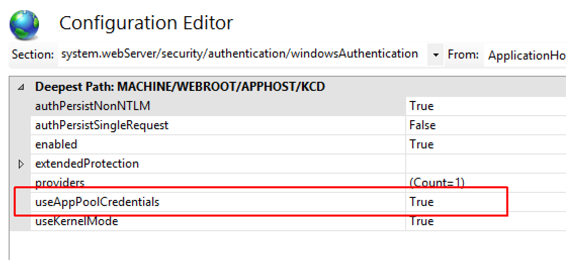 Captura de pantalla que muestra la opción de credenciales de grupos de aplicaciones de configuración de IIS.