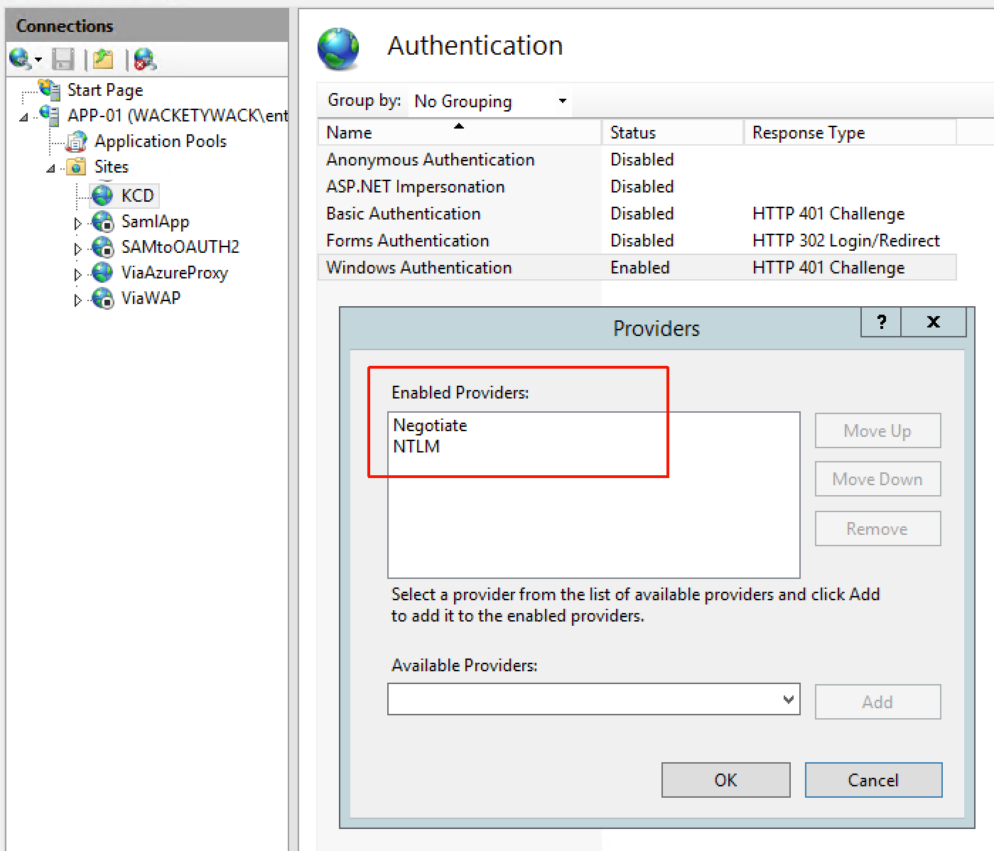 Captura de pantalla que muestra los proveedores de autenticación de Windows.