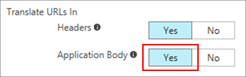 Página de configuración del proxy de aplicación con Traducir direcciones URL en Cuerpo de la aplicación establecido en Sí.