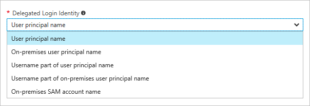 Captura de pantalla que muestra las opciones desplegables de Identidad de inicio de sesión delegada.