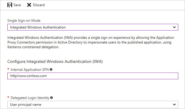Captura de pantalla que muestra las opciones de configuración de autenticación integrada de Windows.