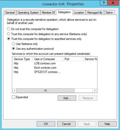 Captura de pantalla que muestra la ventana Propiedades de Connector-SVR con la pestaña Delegación.