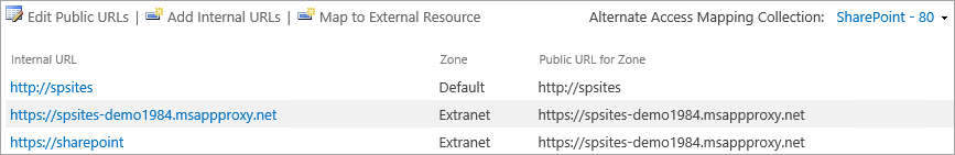 Captura de pantalla de la página Asignaciones de acceso alternativas en la que se muestran las direcciones URL internas y públicas de las zonas predeterminadas y extranet con la aplicación web de SharePoint seleccionada.
