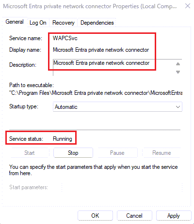 Captura de pantalla que muestra el estado del conector de red privada de Microsoft Entra como En ejecución.