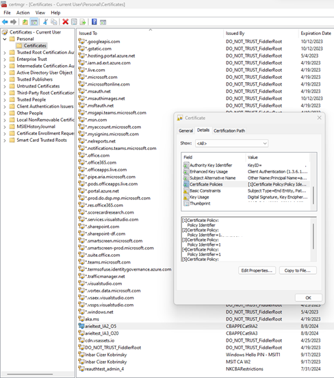 Captura de pantalla que muestra las selecciones para comprobar un emisor de certificados o un OID de directiva.