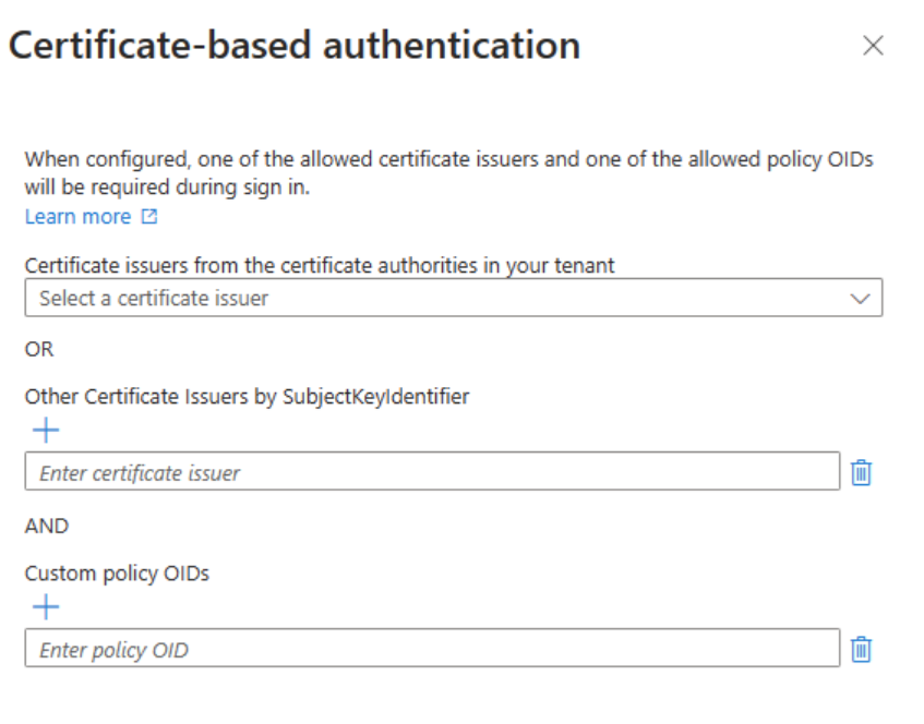 Captura de pantalla que muestra las opciones de configuración de los emisores de certificados y los identificadores de objeto de directiva.