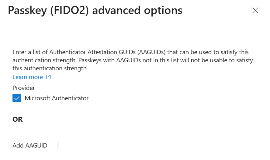 Captura de pantalla que muestra cómo agregar un GUID de atestación de Authenticator.