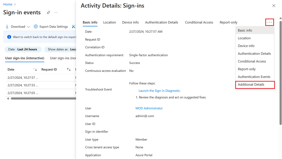 Captura de pantalla que muestra detalles multifactor adicionales en los registros de inicio de sesión.