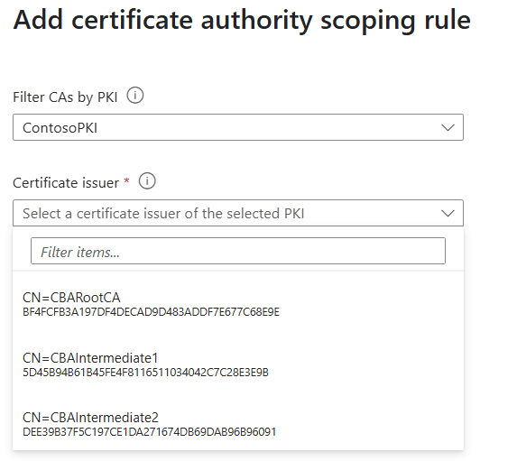 Captura de pantalla que muestra cómo seleccionar una Autoridad de Certificación en el ámbito de CA.
