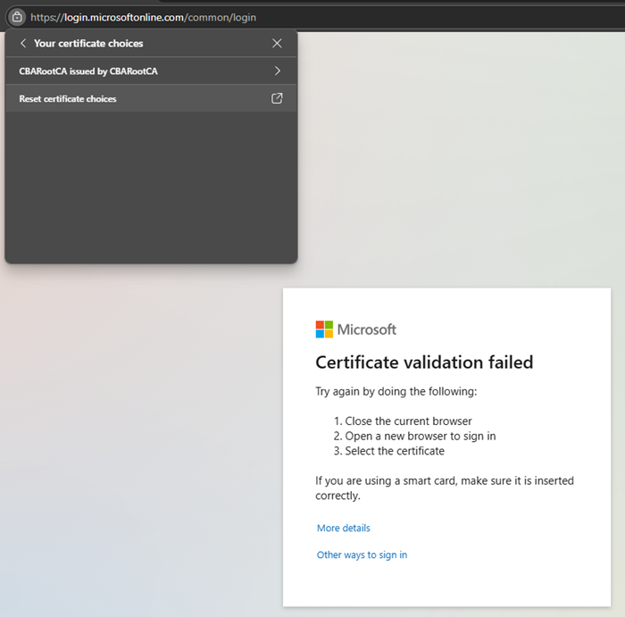 Captura de pantalla que muestra el restablecimiento de la elección del certificado del navegador Microsoft Edge.