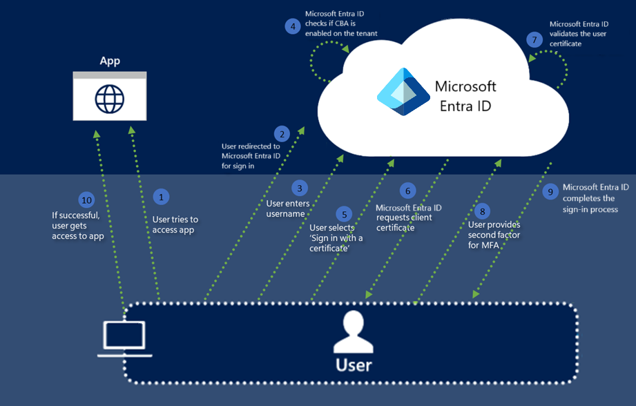 Diagrama que muestra información general de los pasos descritos en Microsoft Entra autenticación basada en certificados.