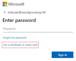 Captura de pantalla que muestra la opción de usar un certificado o una tarjeta inteligente.