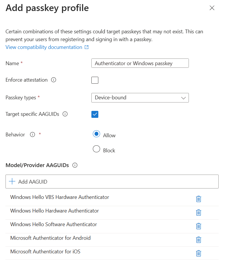 Captura de pantalla de la configuración para agregar un perfil de clave de acceso, con AAGUID específicos seleccionados como destino, el comportamiento establecido en Permitir y los AAGUID de Microsoft Authenticator y Windows Hello agregados.