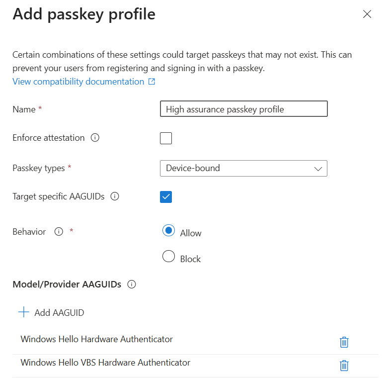 Captura de pantalla de la configuración de Agregar perfil de clave de acceso, con AAGUID específicos de destino seleccionados, Comportamiento establecido en Permitir, y el autenticador de hardware de Windows Hello y el AAGUID del autenticador de hardware VBS de Windows Hello agregados.