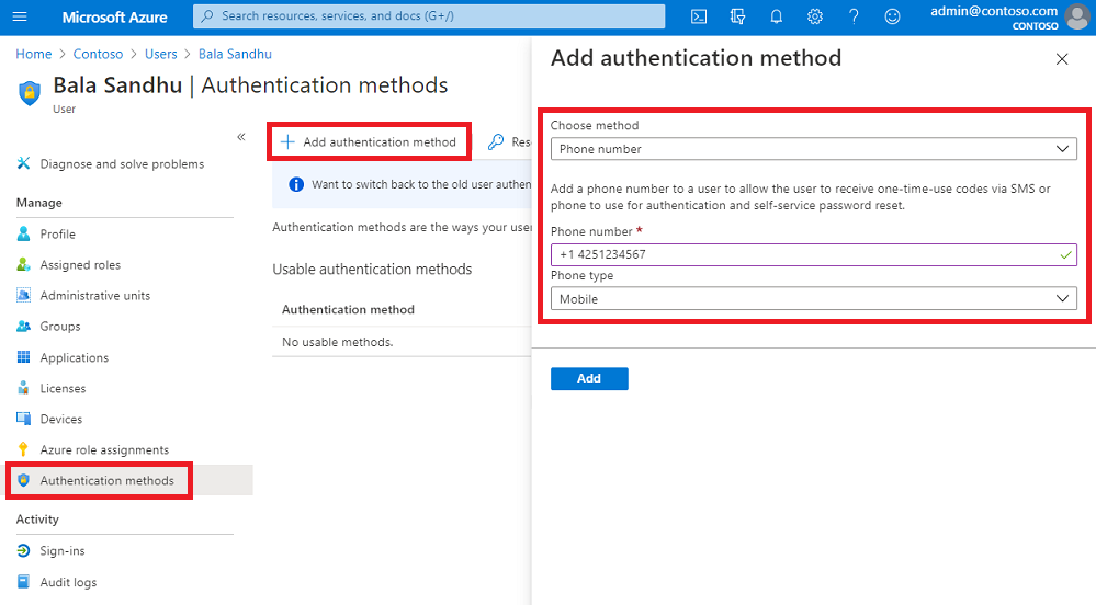 Establecer un número de teléfono para un usuario en el centro de administración de Microsoft Entra para usar con autenticación basada en SMS