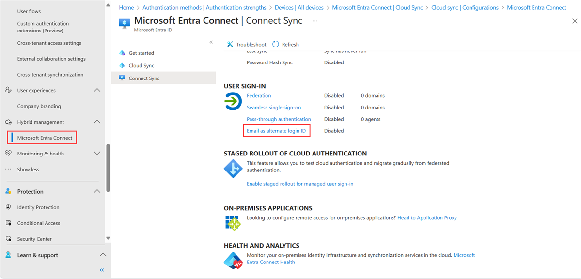 Captura de pantalla del correo electrónico como opción de ID de inicio de sesión alternativo en el centro de administración de Microsoft Entra.