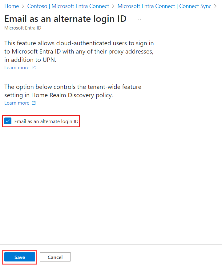 Captura de pantalla del correo electrónico como panel de id. de inicio de sesión alternativo en el centro de administración de Microsoft&nbsp;Entra.