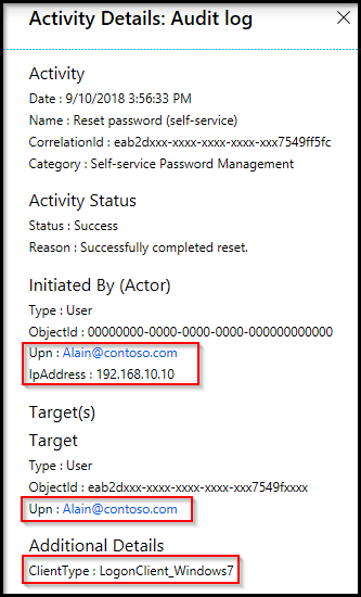 Captura de pantalla que muestra un ejemplo de restablecimiento de contraseña de Windows 7 en el registro de auditoría de Microsoft Entra.
