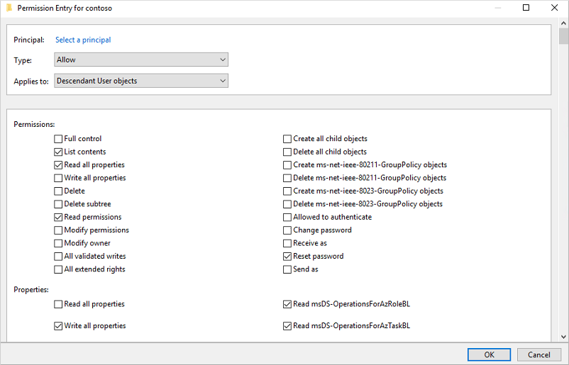 Establecimiento de los permisos adecuados en usuarios y equipos activos para la cuenta usada por Microsoft Entra Connect.