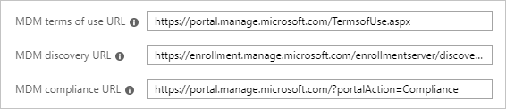 Captura de pantalla de una parte de la sección de configuración de M D M de Microsoft Entra, con campos URL para las condiciones de uso, la detección y el cumplimiento de M D M.