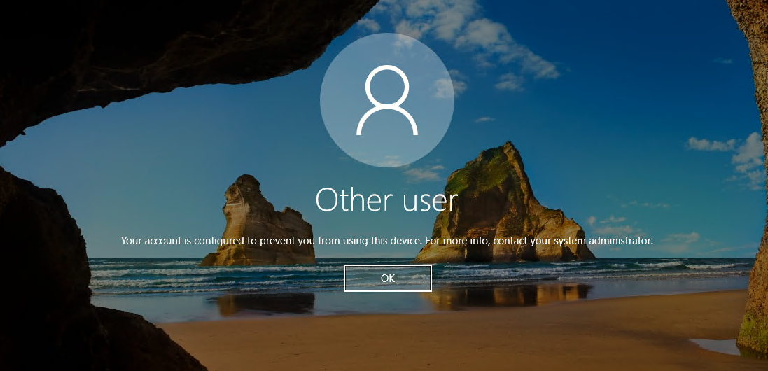 Captura de pantalla del mensaje que indica que la cuenta está configurada para evitar que use este device.