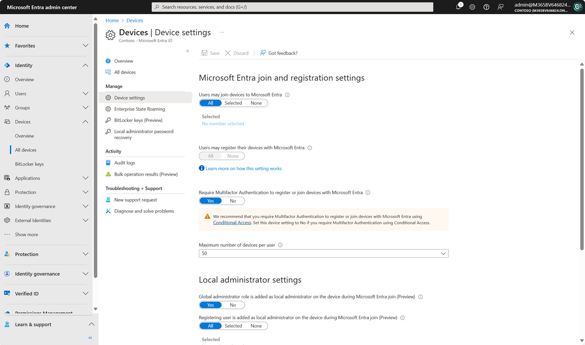Screenshot que muestra la configuración del dispositivo relacionada con Microsoft Entra ID.