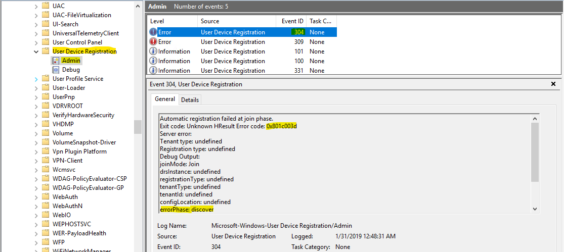 Captura de pantalla del Visor de eventos, con el identificador de evento&nbsp;304 seleccionado, su información mostrada y su código de error y fase resaltados.