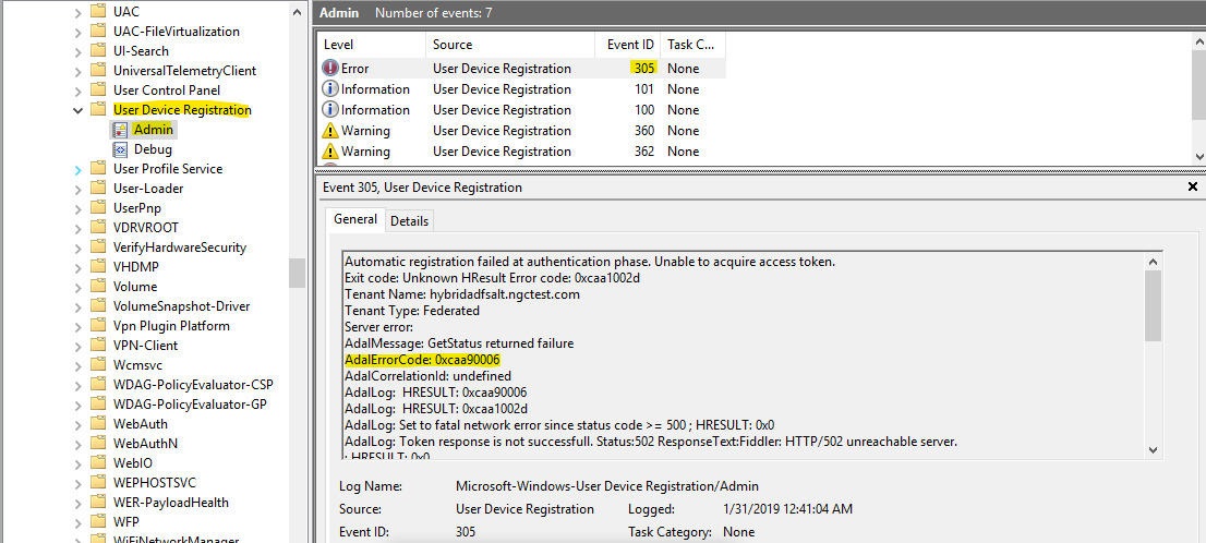 Captura de pantalla del Visor de eventos, con el identificador de evento&nbsp;305 seleccionado, su información mostrada y su código de error resaltado.