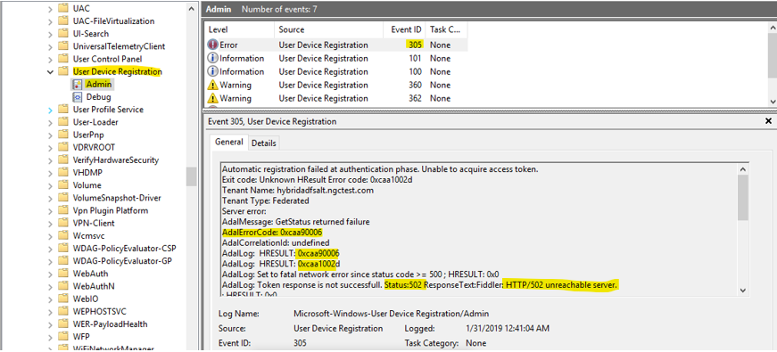 Captura de pantalla del Visor de eventos, con el identificador de evento&nbsp;305 seleccionado, su información mostrada y los código de error ADAL y el estado resaltados.
