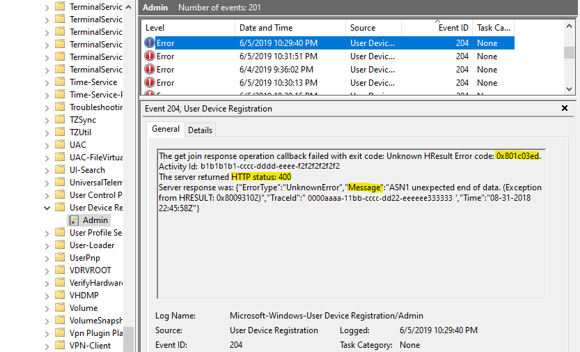 Captura de pantalla del Visor de eventos, con el identificador de evento&nbsp;204 seleccionado y su código de error, el estado HTTP y el mensaje resaltados.