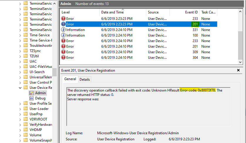 Captura de pantalla del Visor de eventos, con el identificador de evento&nbsp;201 seleccionado, su información mostrada y su código de error resaltado.