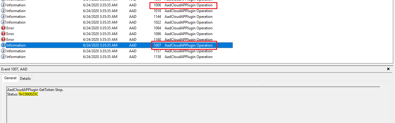 Captura de pantalla del Visor de eventos, con los identificadores de evento&nbsp;1006 y&nbsp;1007 seleccionados y el código de error final resaltado.