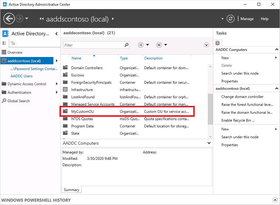 OU personalizada disponible para su uso en el Centro de Administración de Active Directory