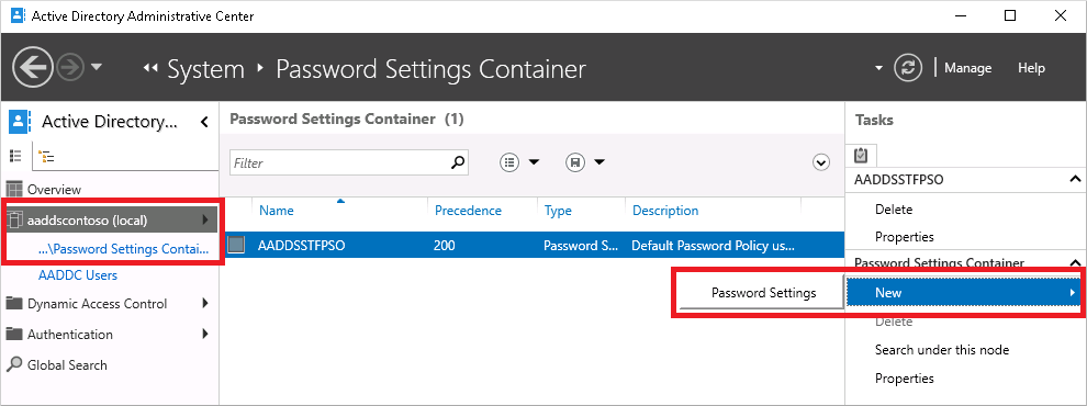 Creación de una directiva de contraseñas en el Centro de administración de Active Directory