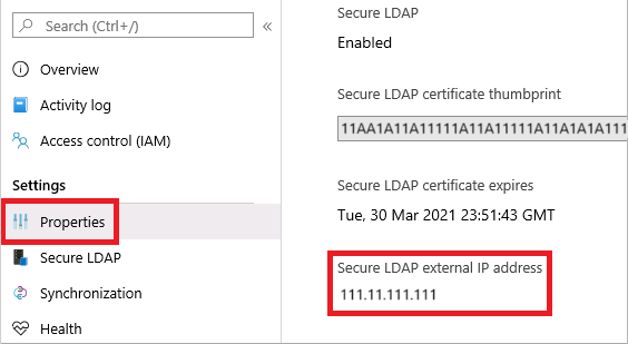 Consulta de la dirección&nbsp;IP externa de LDAP seguro para el dominio administrado en el centro de administración de Microsoft Entra