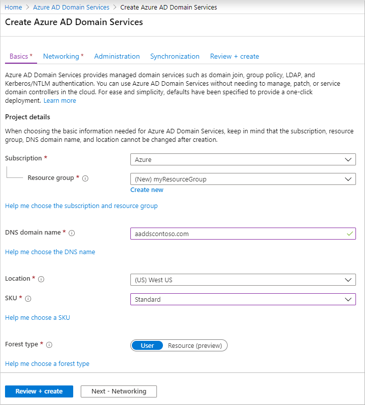 Configuración de opciones básicas para un dominio administrado de Microsoft Entra Domain Services