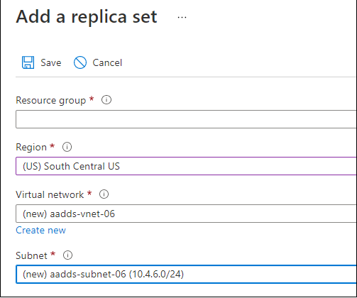 Captura de pantalla de ejemplo para crear un conjunto de réplicas en el Centro de administración de Microsoft Entra