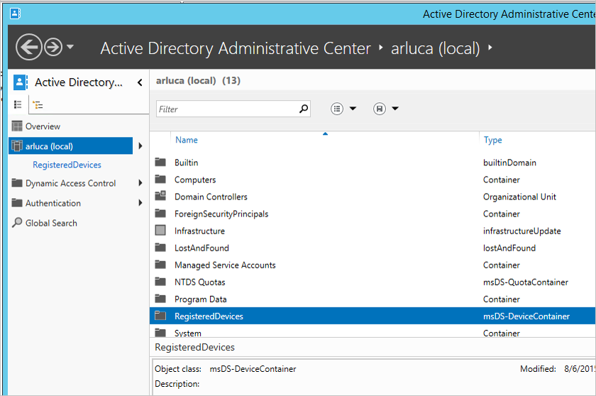 Dispositivos registrados del centro de administración de Active Directory