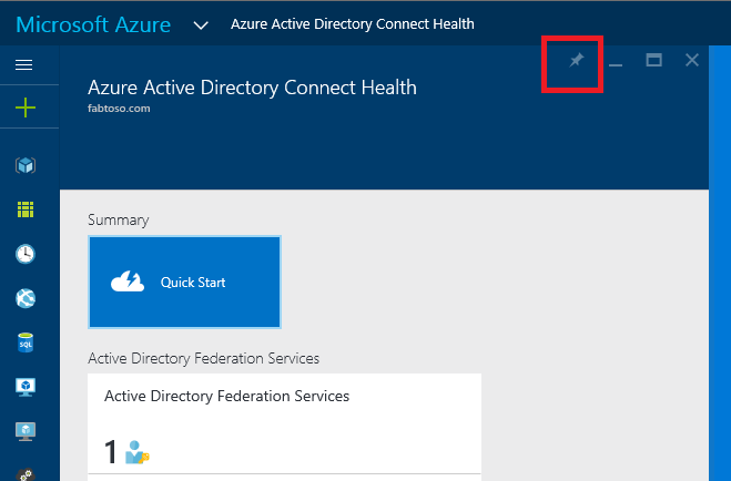Captura de pantalla de la hoja de anclaje de Azure&nbsp;RBAC y Azure AD Connect Health, con el icono de anclaje resaltado